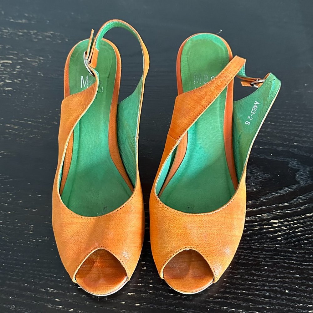 Orange sling-back with fun striped wedge heel-Size 8